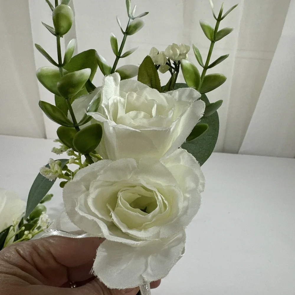 Corsage and Boutonniere Set Cream Ivory Roses Baby's Breath Greenery Handmade